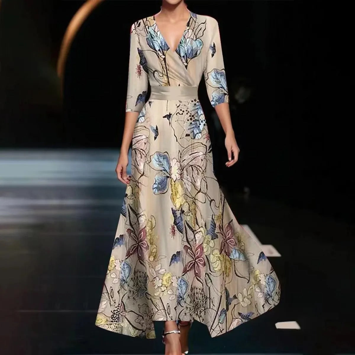 Evangeline | Elegant V-neck Flower Patterned Maxi Dress