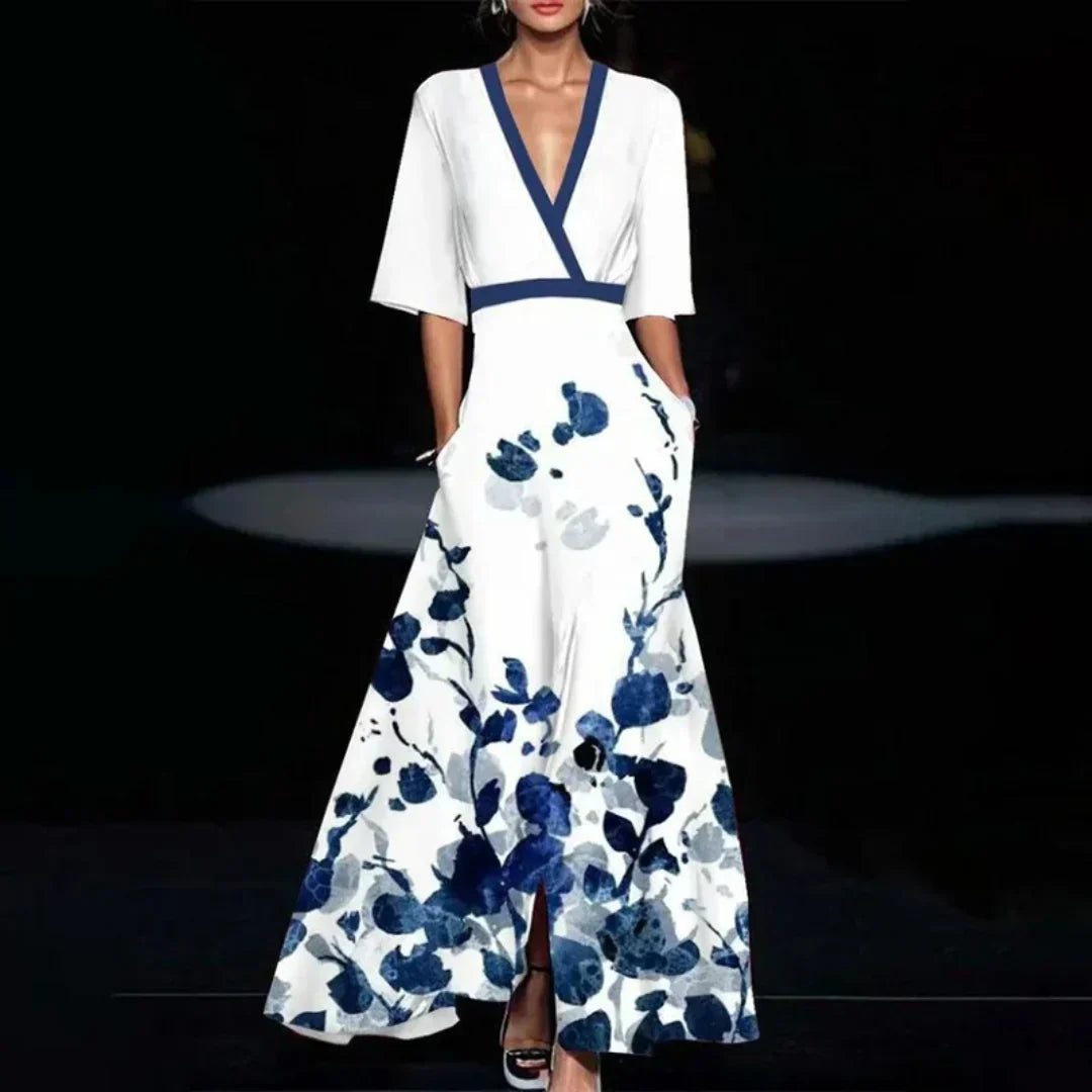 Evangeline | Elegant V-neck Flower Patterned Maxi Dress