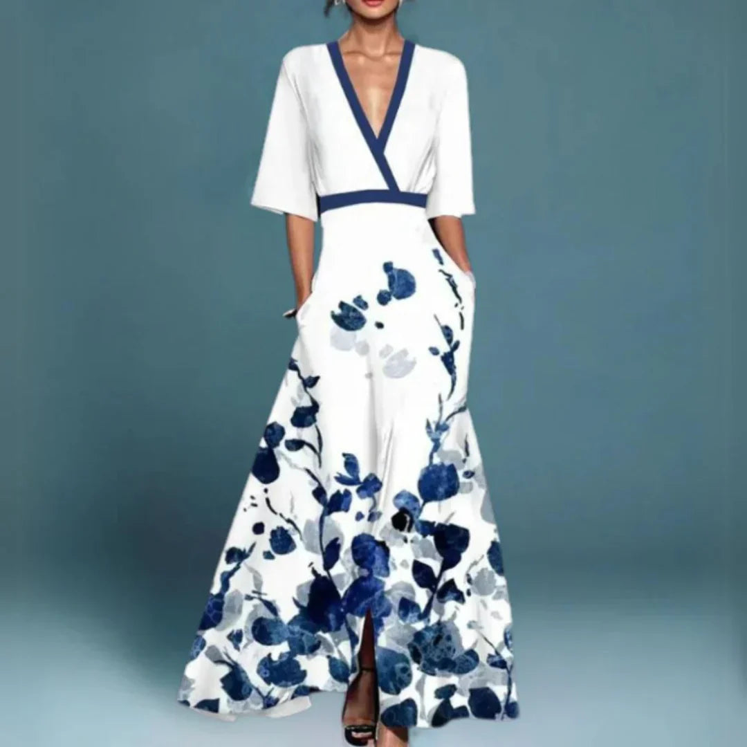 Evangeline | Elegant V-neck Flower Patterned Maxi Dress