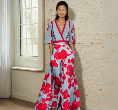 Evangeline | Elegant V-neck Flower Patterned Maxi Dress