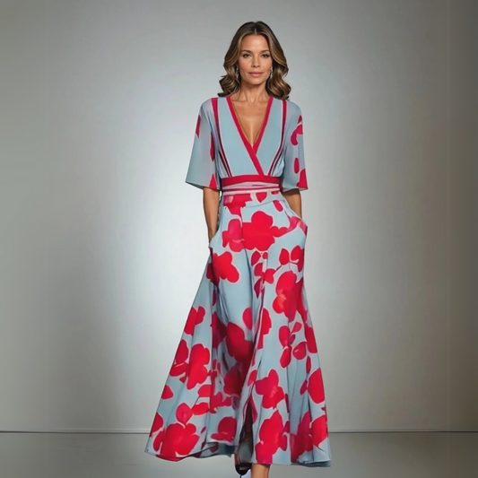 Evangeline | Elegant V-neck Flower Patterned Maxi Dress