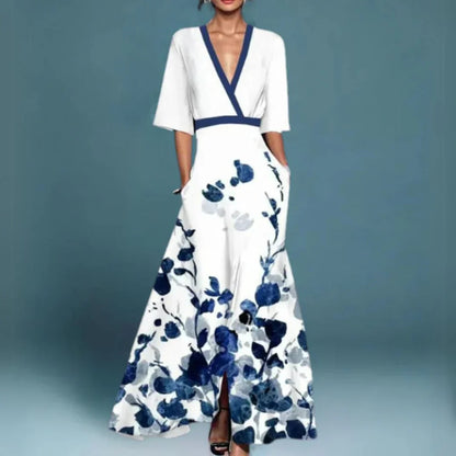 Evangeline | Elegant V-neck Flower Patterned Maxi Dress